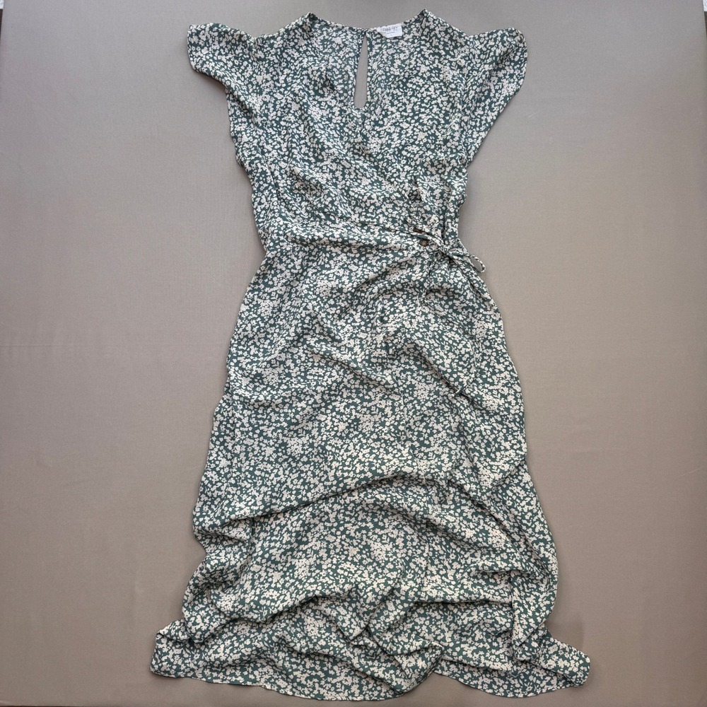 Sienna Sky Green Floral Faux Wrap Midi Dress Flutter Sleeve Smocked Back Large